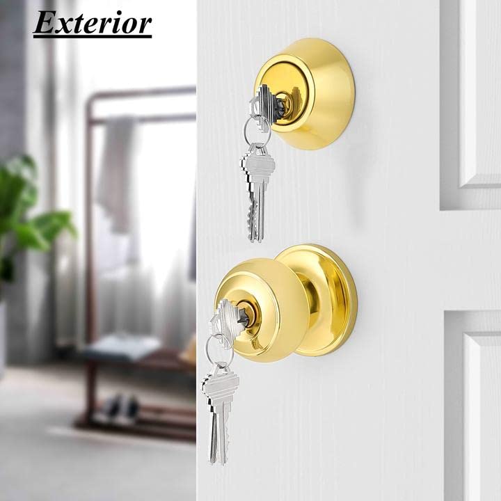 Probrico Polished Brass Entry Door Knob Lock Set and Single Cylinder Deadbolt Combination Set, Keyed Alike, 3 Pack - Image 3